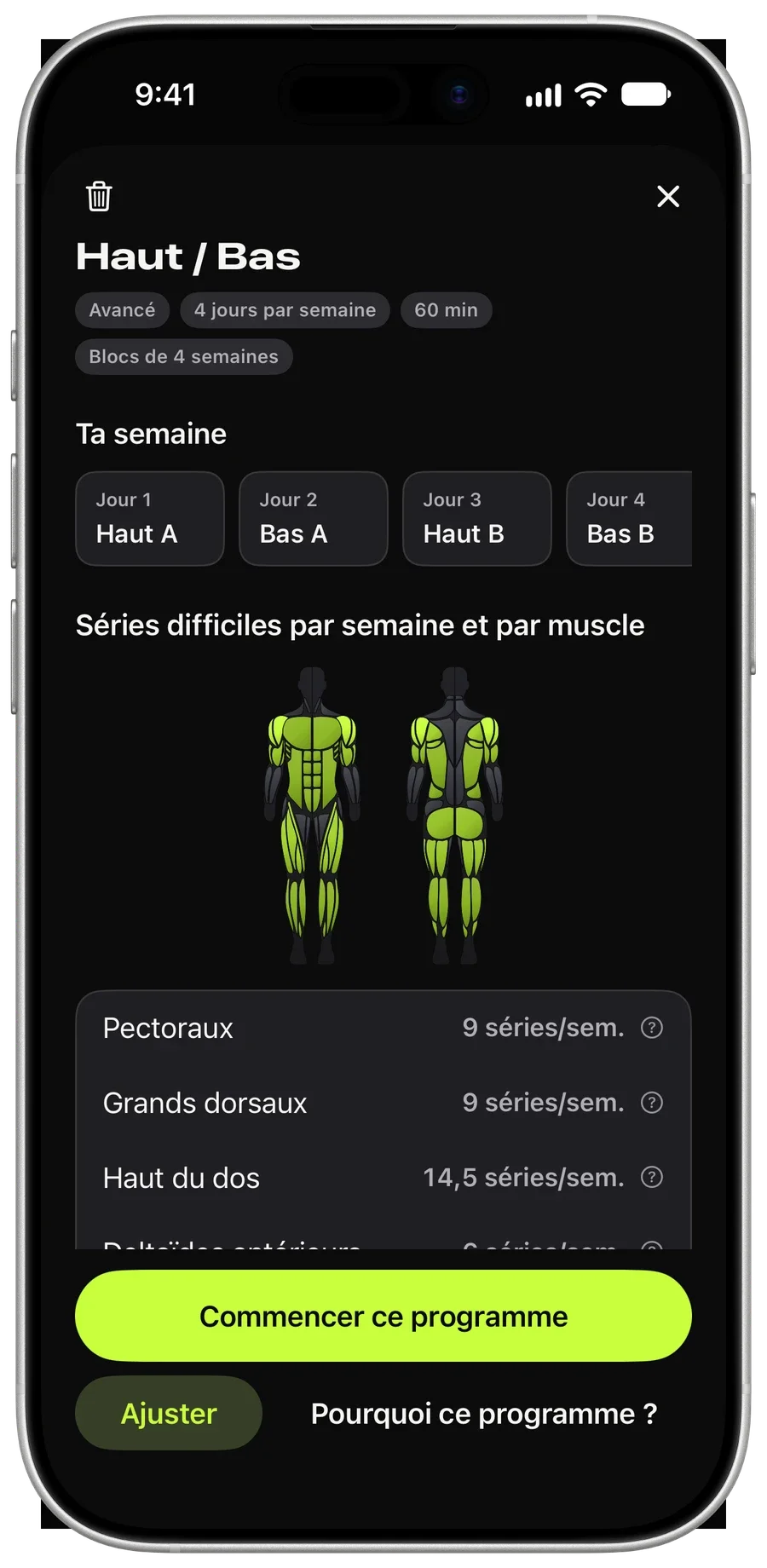Programme Brick Coach avec séries, répétitions et repos