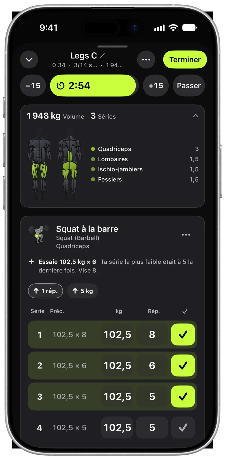 Minuteur de repos Brick pendant la séance