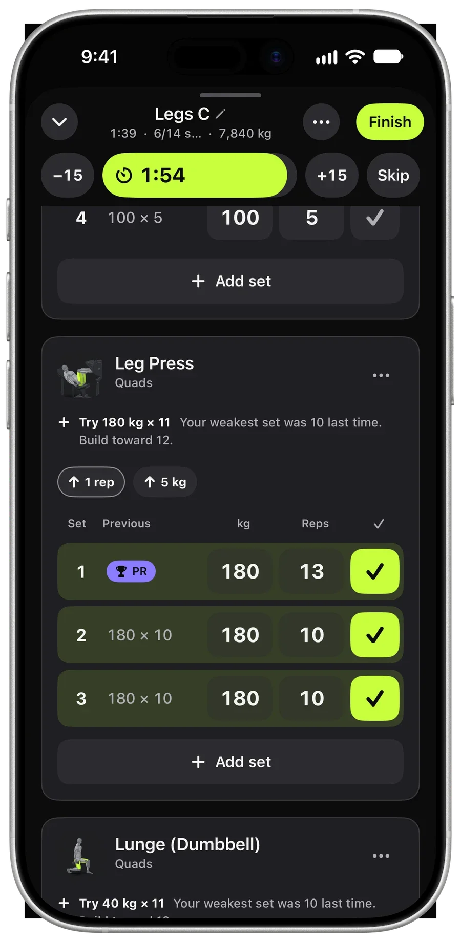 Brick active workout: sets with last time’s numbers and checked-off sets
