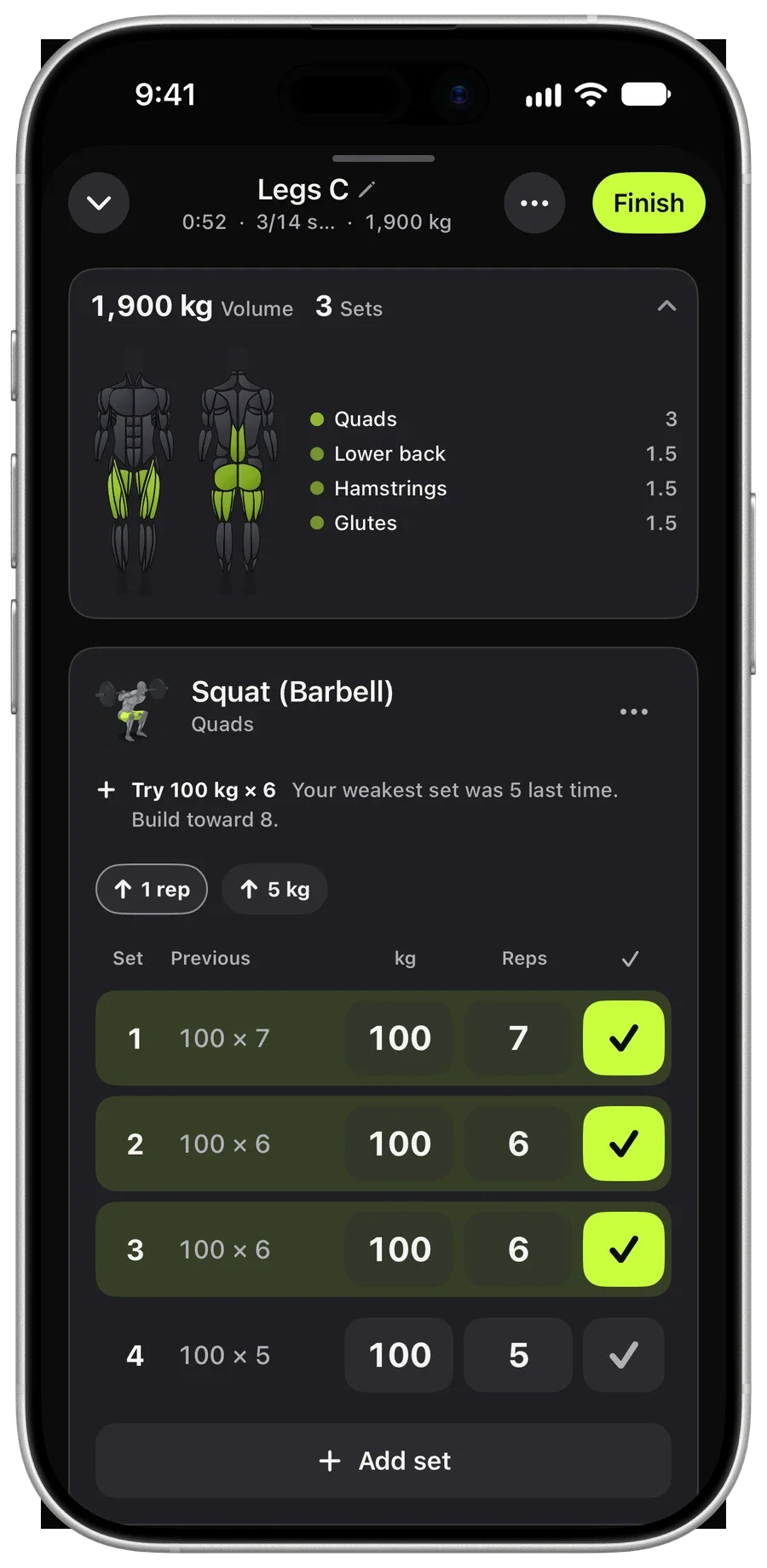 Brick active workout: sets with last time’s numbers and checked-off sets